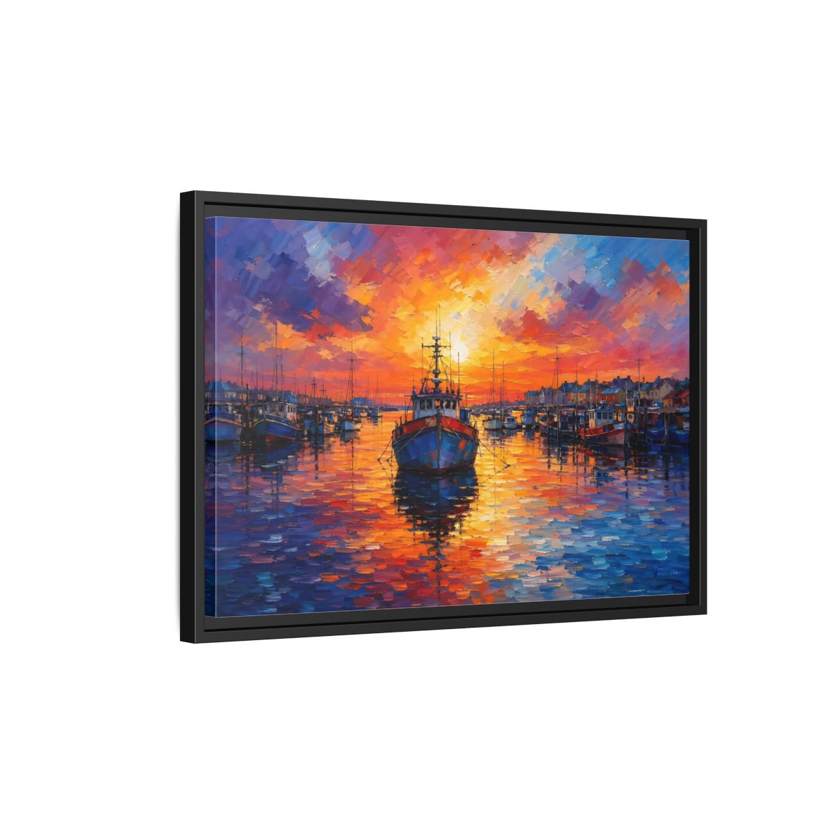 Side Mockup 3. Nature Fishing Boat Vibrant Harbor Sunset shown as stretched canvas wall art