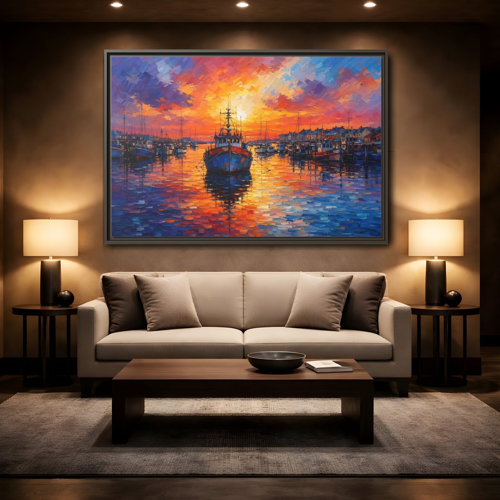 Mockup 2. Nature Fishing Boat Vibrant Harbor Sunset shown as stretched canvas wall art