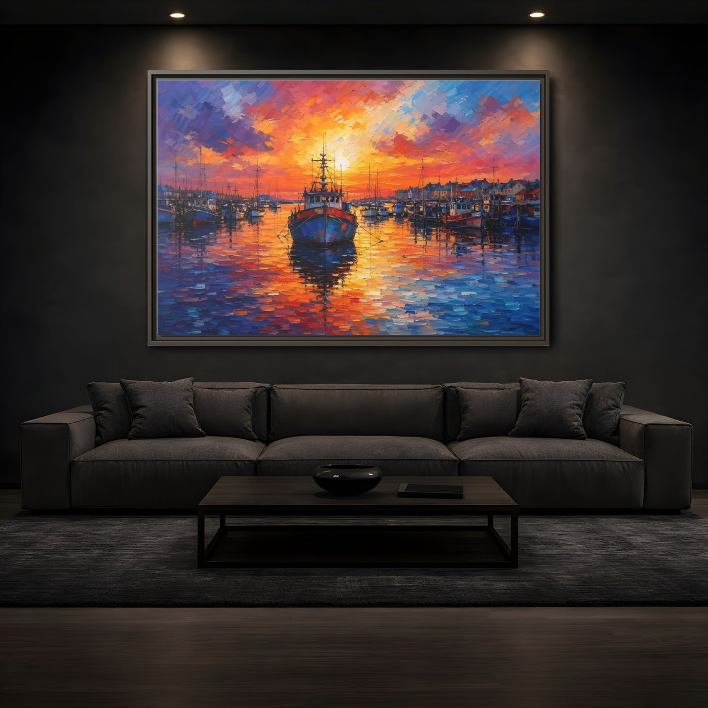 Mockup 3. Nature Fishing Boat Vibrant Harbor Sunset shown as stretched canvas wall art
