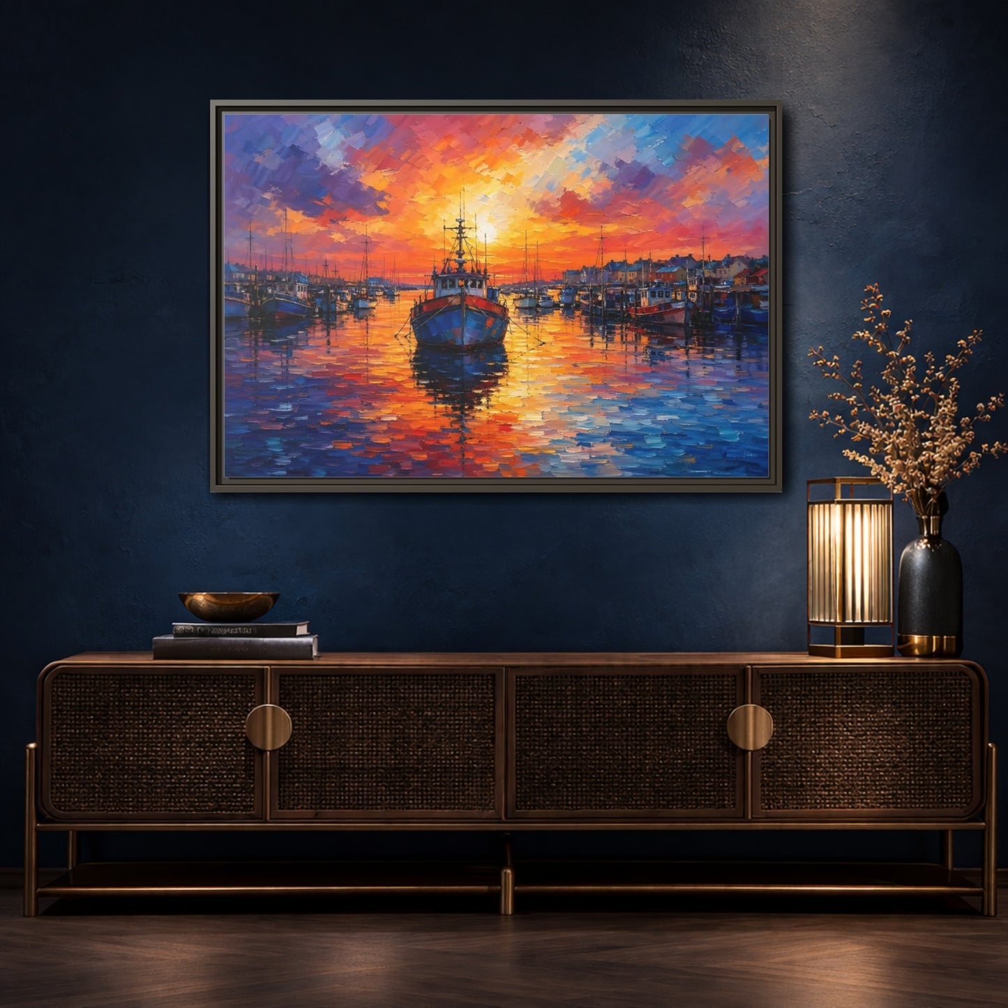 Mockup 4. Nature Fishing Boat Vibrant Harbor Sunset shown as stretched canvas wall art