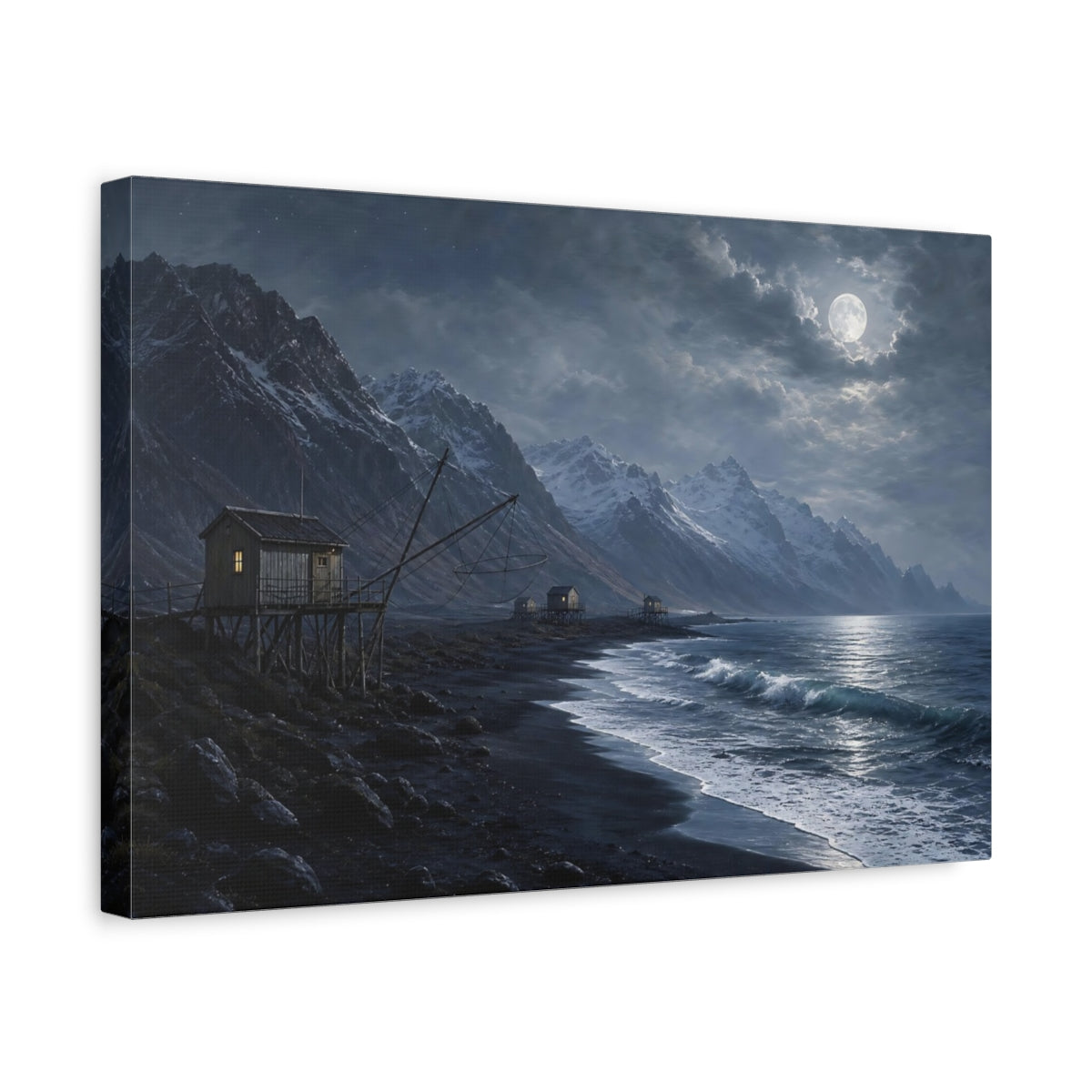 Side Mockup 4. Nature Fishing Cabins Moonlit Coastal shown as stretched canvas wall art