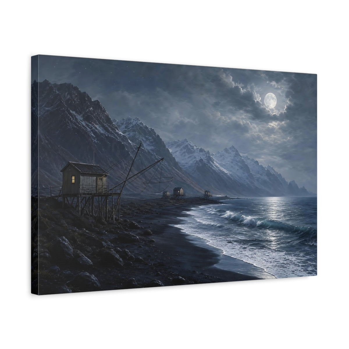 Side Mockup 3. Nature Fishing Cabins Moonlit Coastal shown as stretched canvas wall art