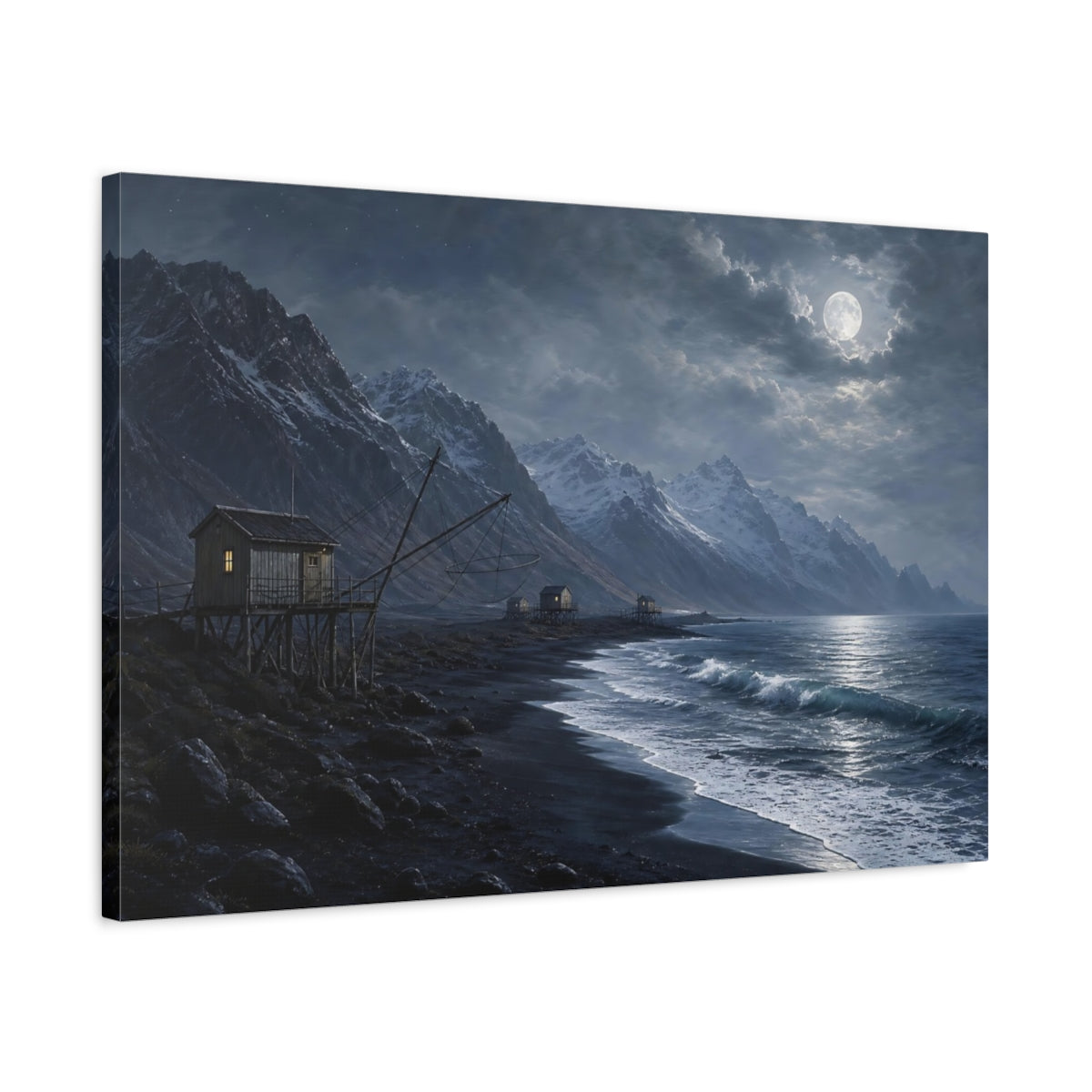Side Mockup 2. Nature Fishing Cabins Moonlit Coastal shown as stretched canvas wall art
