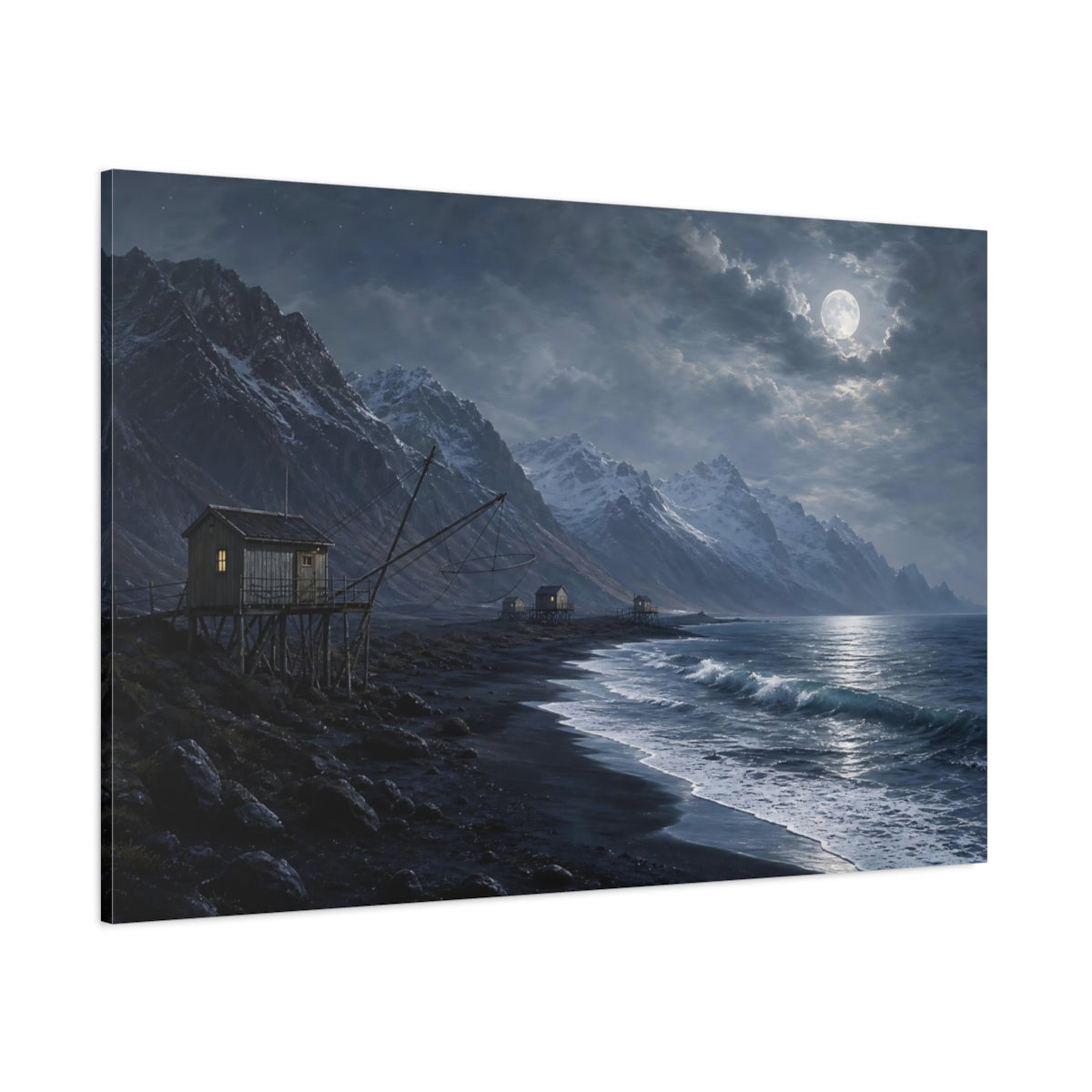 Side Mockup 1. Nature Fishing Cabins Moonlit Coastal shown as stretched canvas wall art