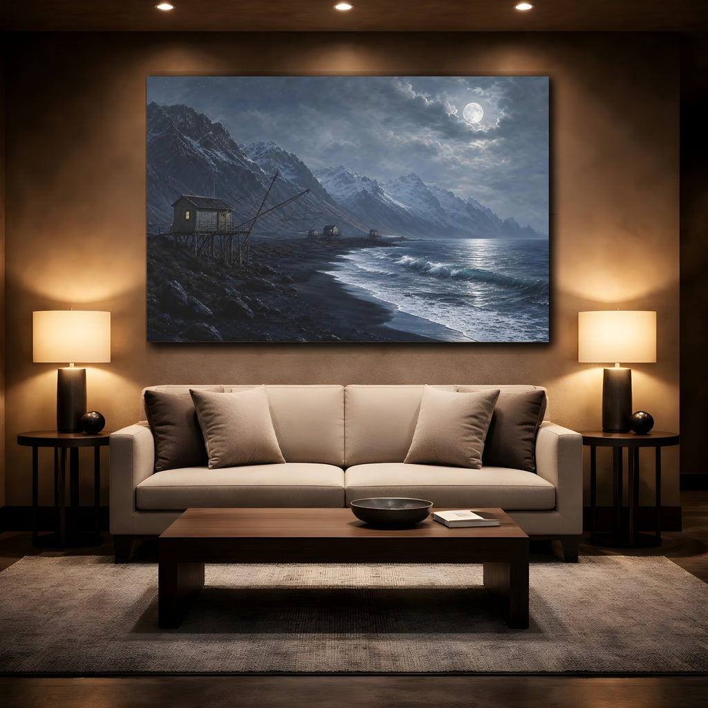 Mockup 2. Nature Fishing Cabins Moonlit Coastal shown as stretched canvas wall art