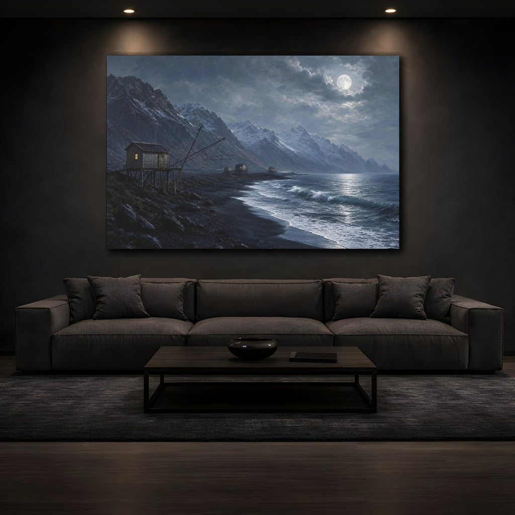 Mockup 3. Nature Fishing Cabins Moonlit Coastal shown as stretched canvas wall art