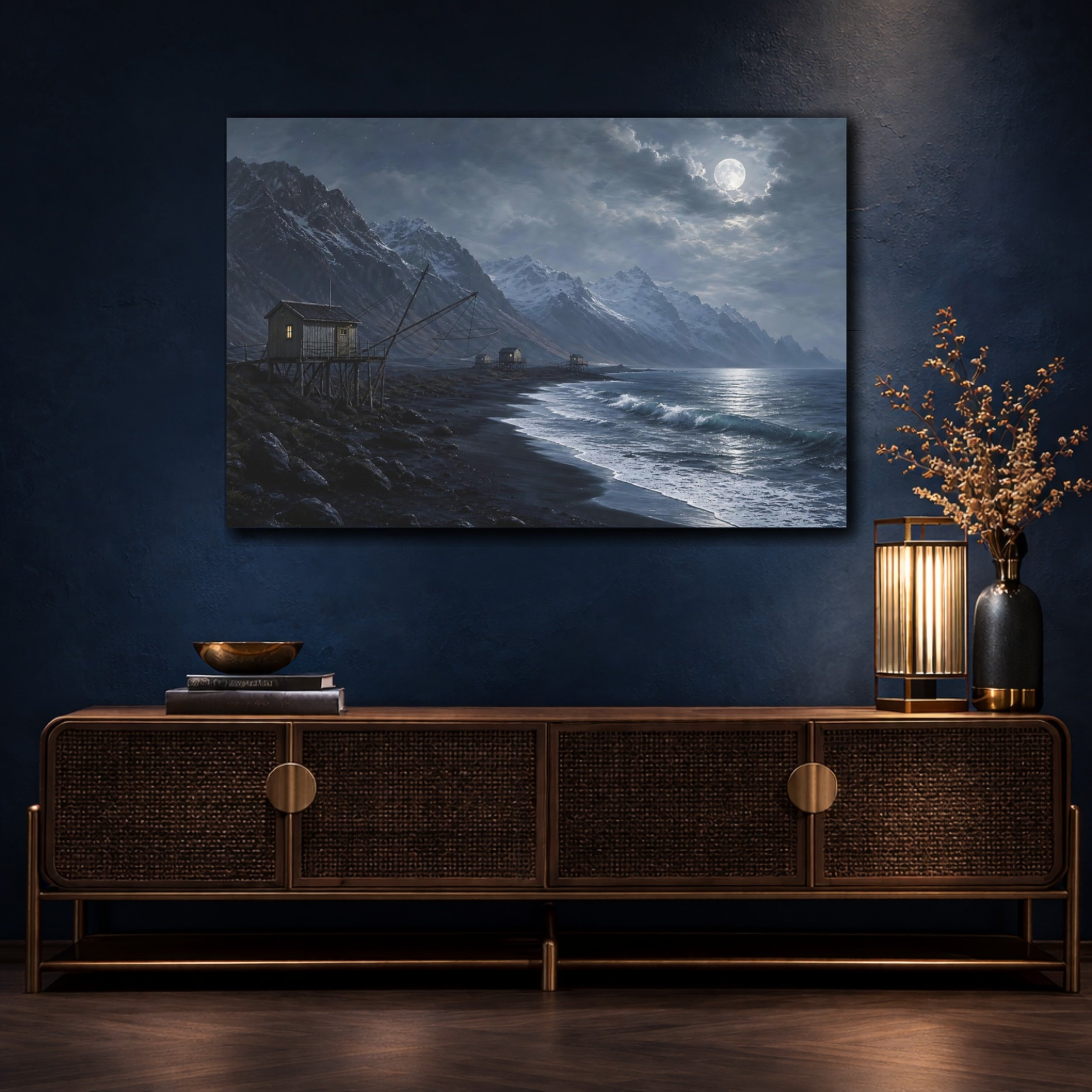Mockup 4. Nature Fishing Cabins Moonlit Coastal shown as stretched canvas wall art
