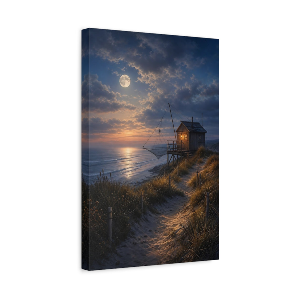 Side Mockup 4. Nature Fishing Hut Moonlit Coastal Hut shown as stretched canvas wall art