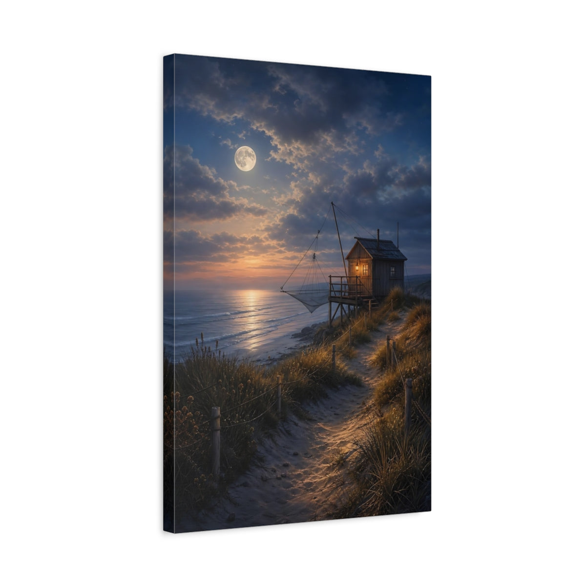 Side Mockup 3. Nature Fishing Hut Moonlit Coastal Hut shown as stretched canvas wall art