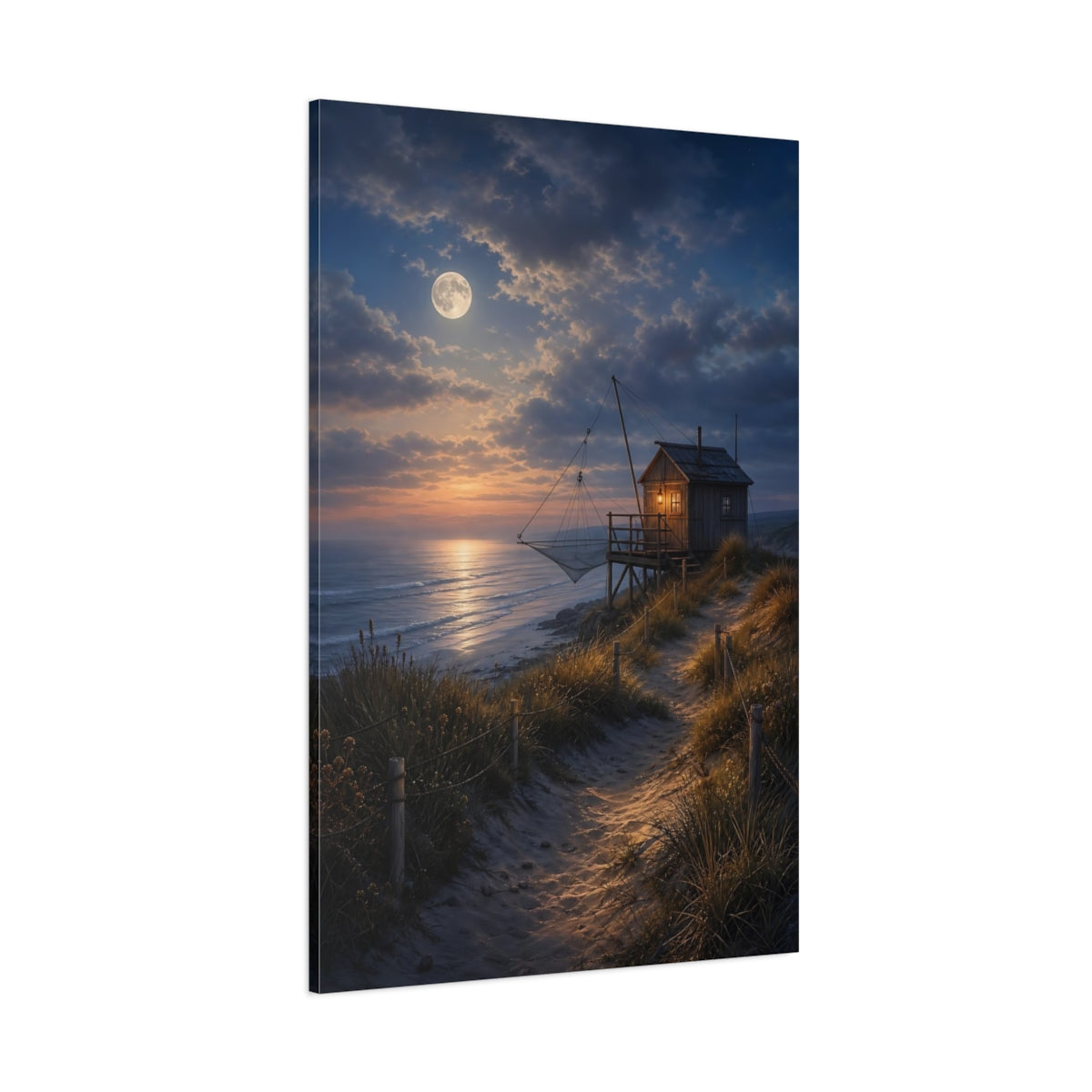 Side Mockup 1. Nature Fishing Hut Moonlit Coastal Hut shown as stretched canvas wall art