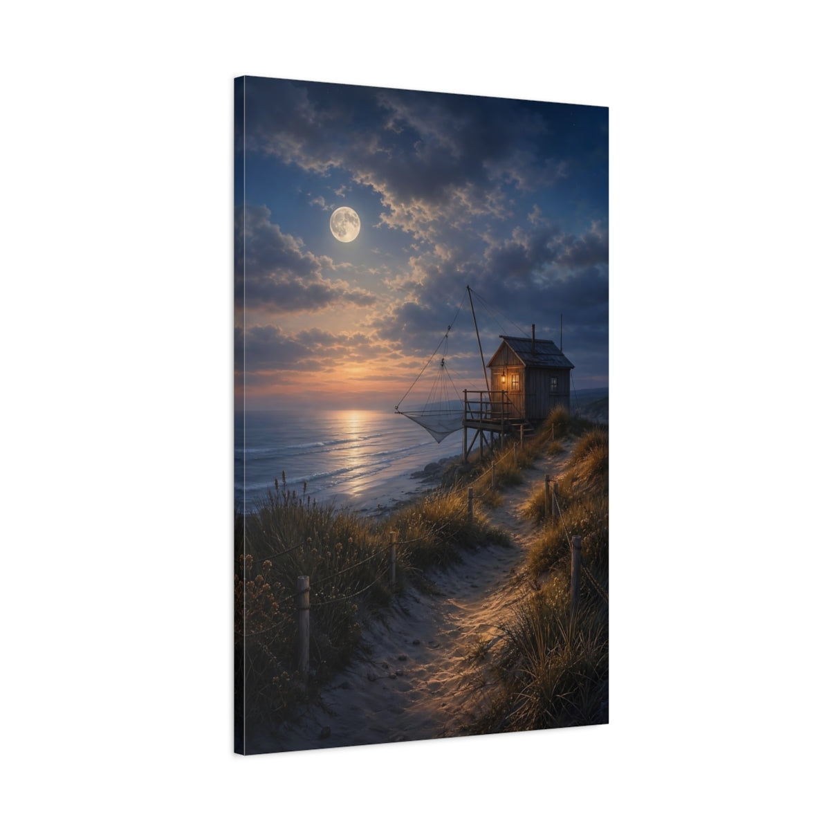 Main Mockup. Nature Fishing Hut Moonlit Coastal Hut shown as stretched canvas wall art