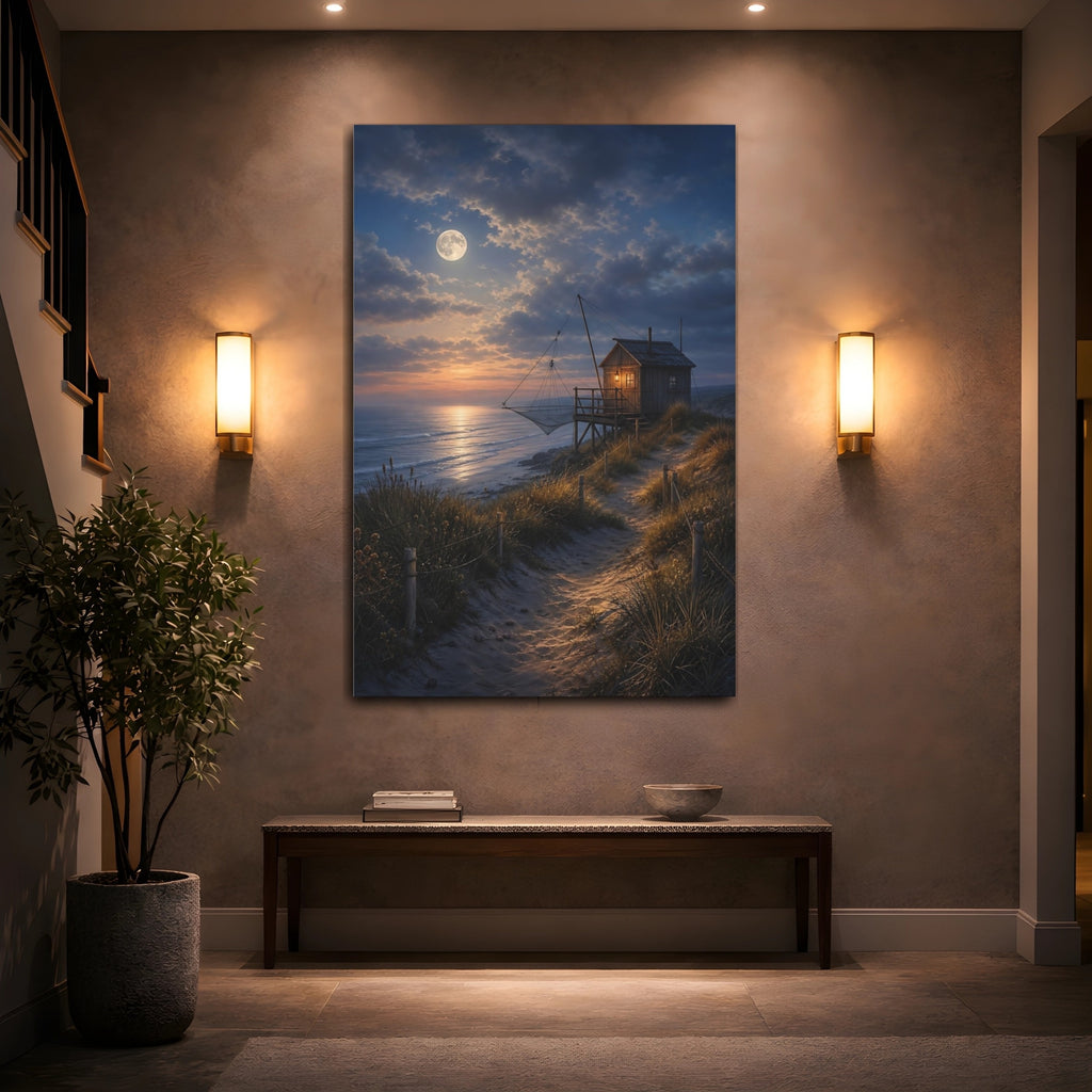 Mockup 2. Nature Fishing Hut Moonlit Coastal Hut shown as stretched canvas wall art