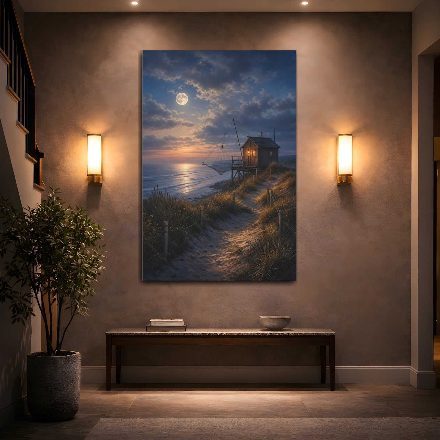 Mockup 2. Nature Fishing Hut Moonlit Coastal Hut shown as stretched canvas wall art