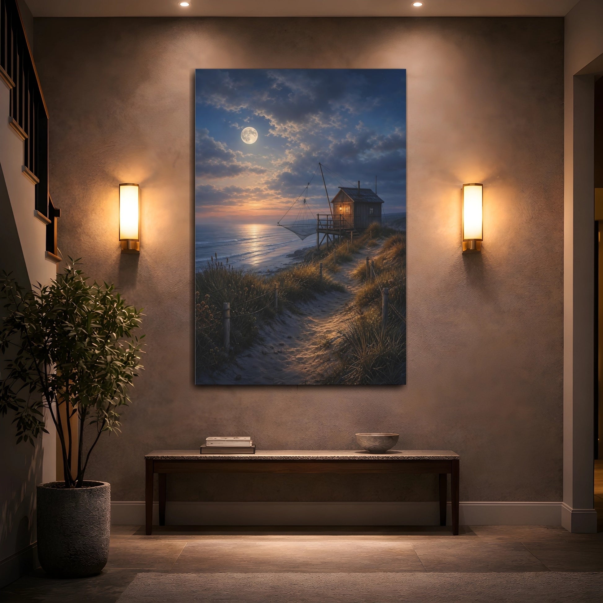 Mockup 2. Nature Fishing Hut Moonlit Coastal Hut shown as stretched canvas wall art