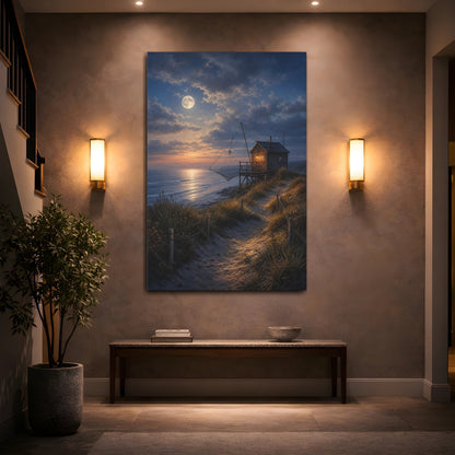 Mockup 2. Nature Fishing Hut Moonlit Coastal Hut shown as stretched canvas wall art