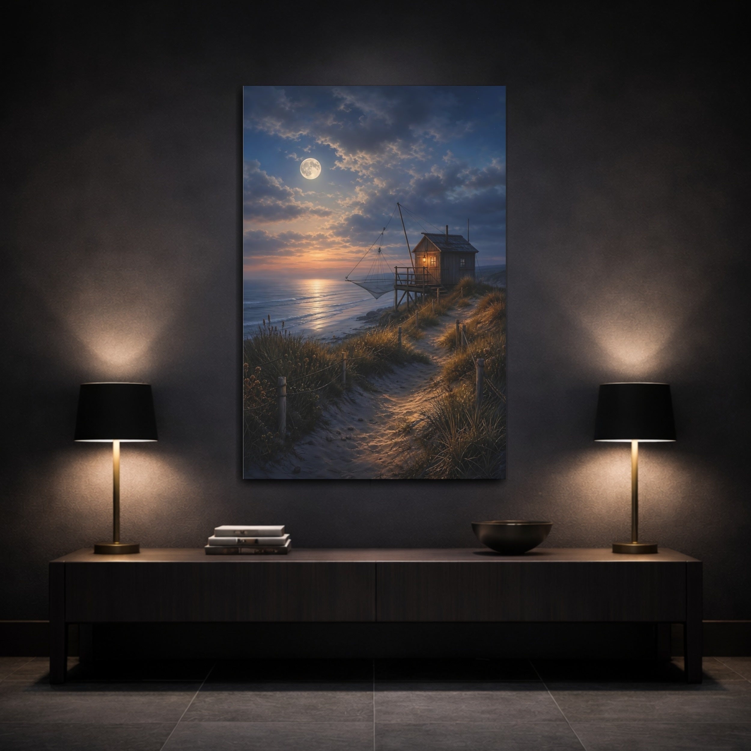 Mockup 3. Nature Fishing Hut Moonlit Coastal Hut shown as stretched canvas wall art