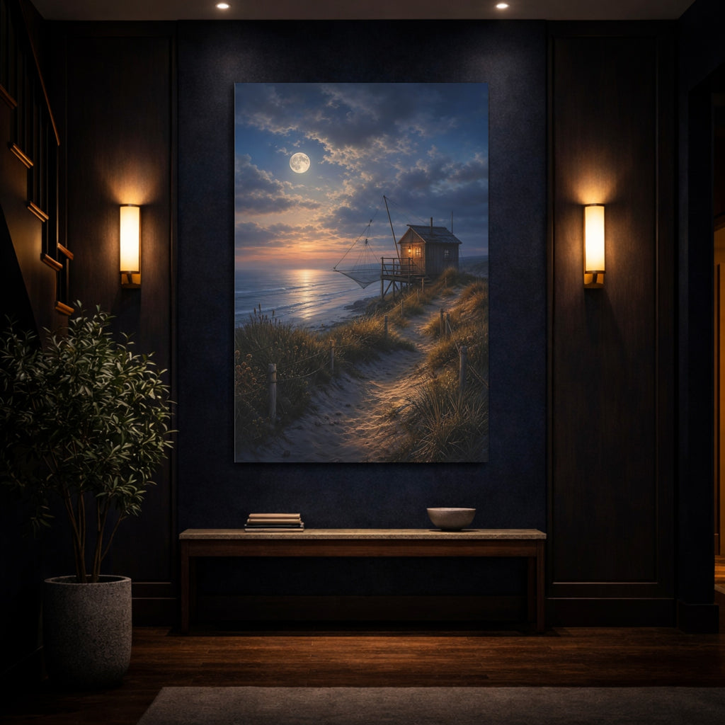 Mockup 4. Nature Fishing Hut Moonlit Coastal Hut shown as stretched canvas wall art