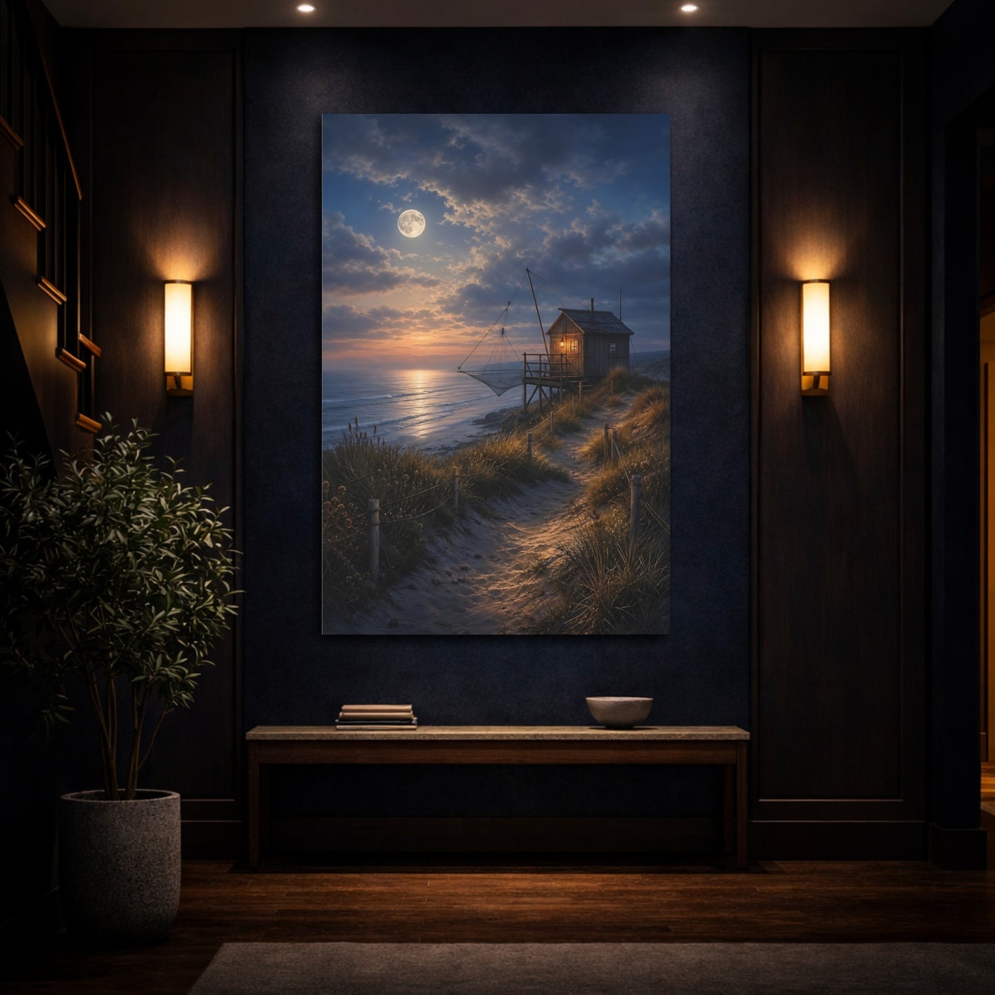 Mockup 4. Nature Fishing Hut Moonlit Coastal Hut shown as stretched canvas wall art