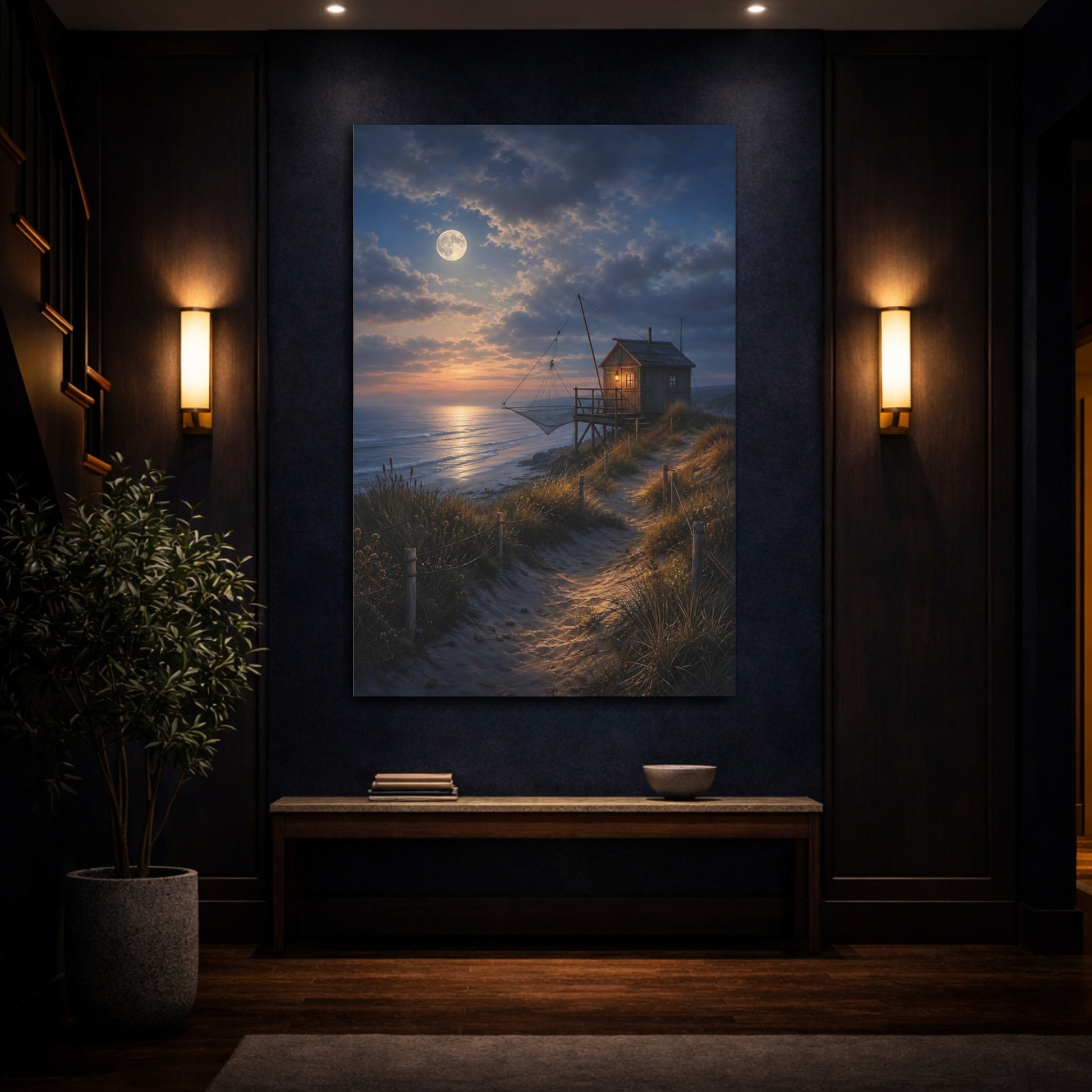 Mockup 4. Nature Fishing Hut Moonlit Coastal Hut shown as stretched canvas wall art