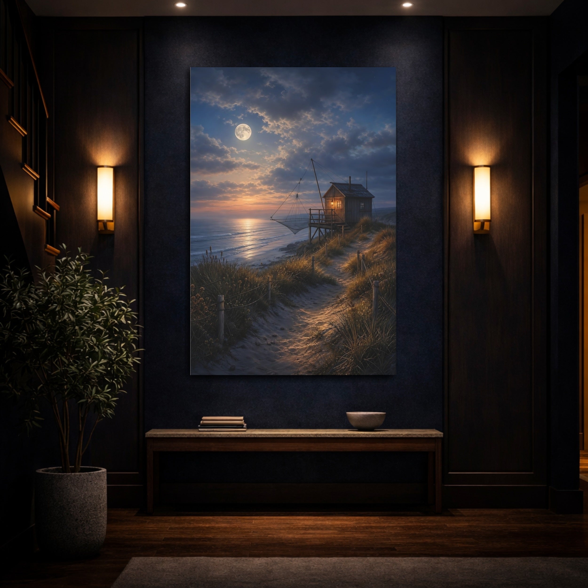 Mockup 4. Nature Fishing Hut Moonlit Coastal Hut shown as stretched canvas wall art