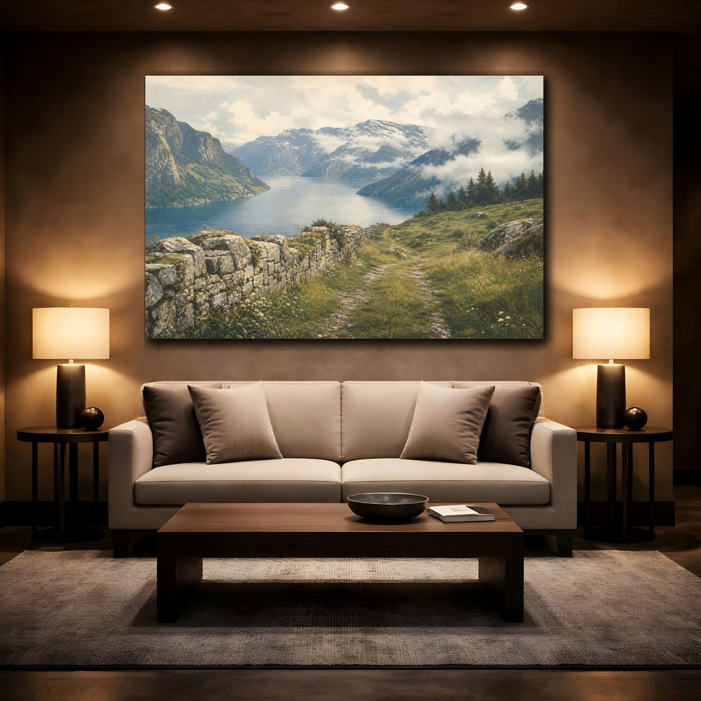 Mockup 2. Nature Fjord Landscape Fjord Mountain Vista shown as stretched canvas wall art