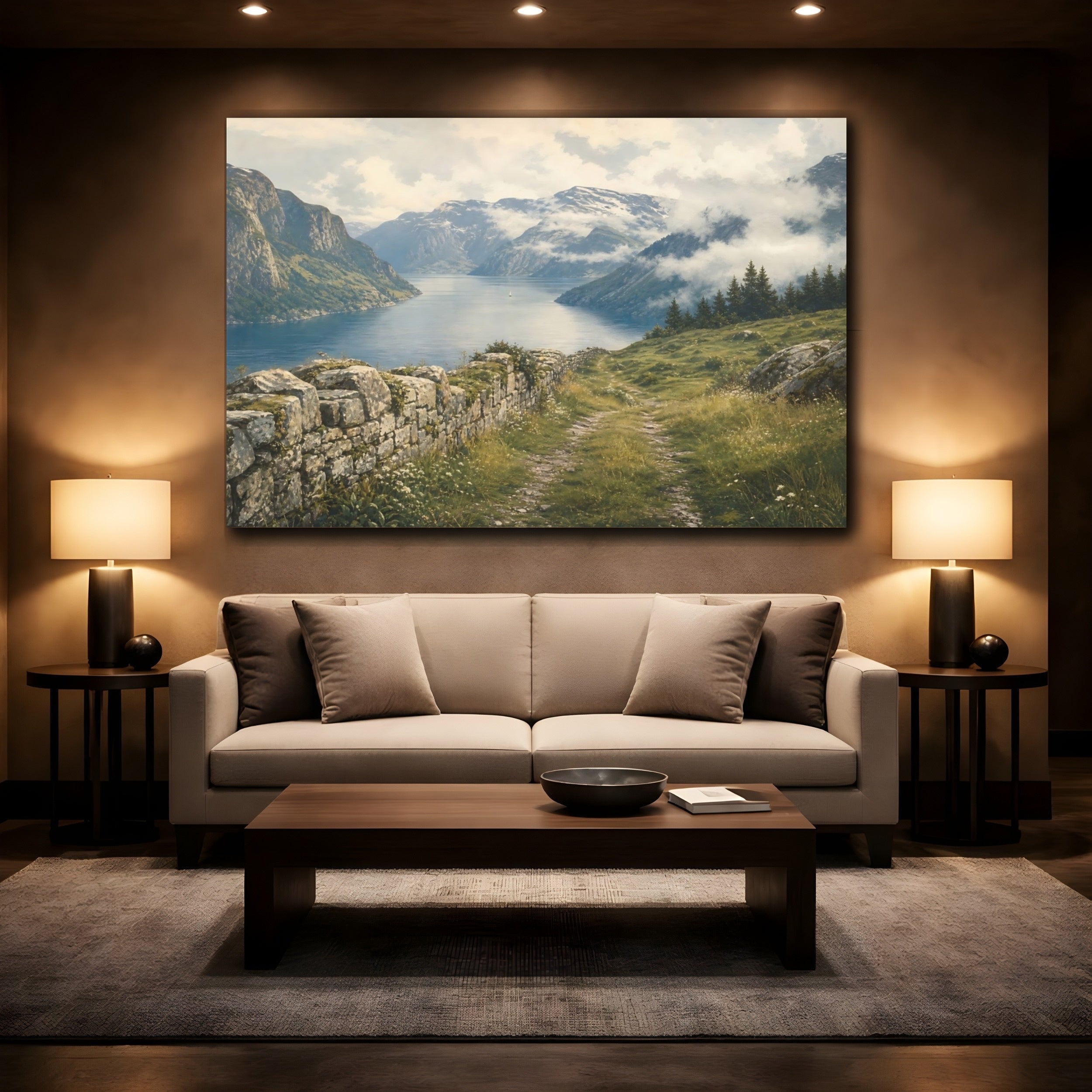 Mockup 2. Nature Fjord Landscape Fjord Mountain Vista shown as stretched canvas wall art
