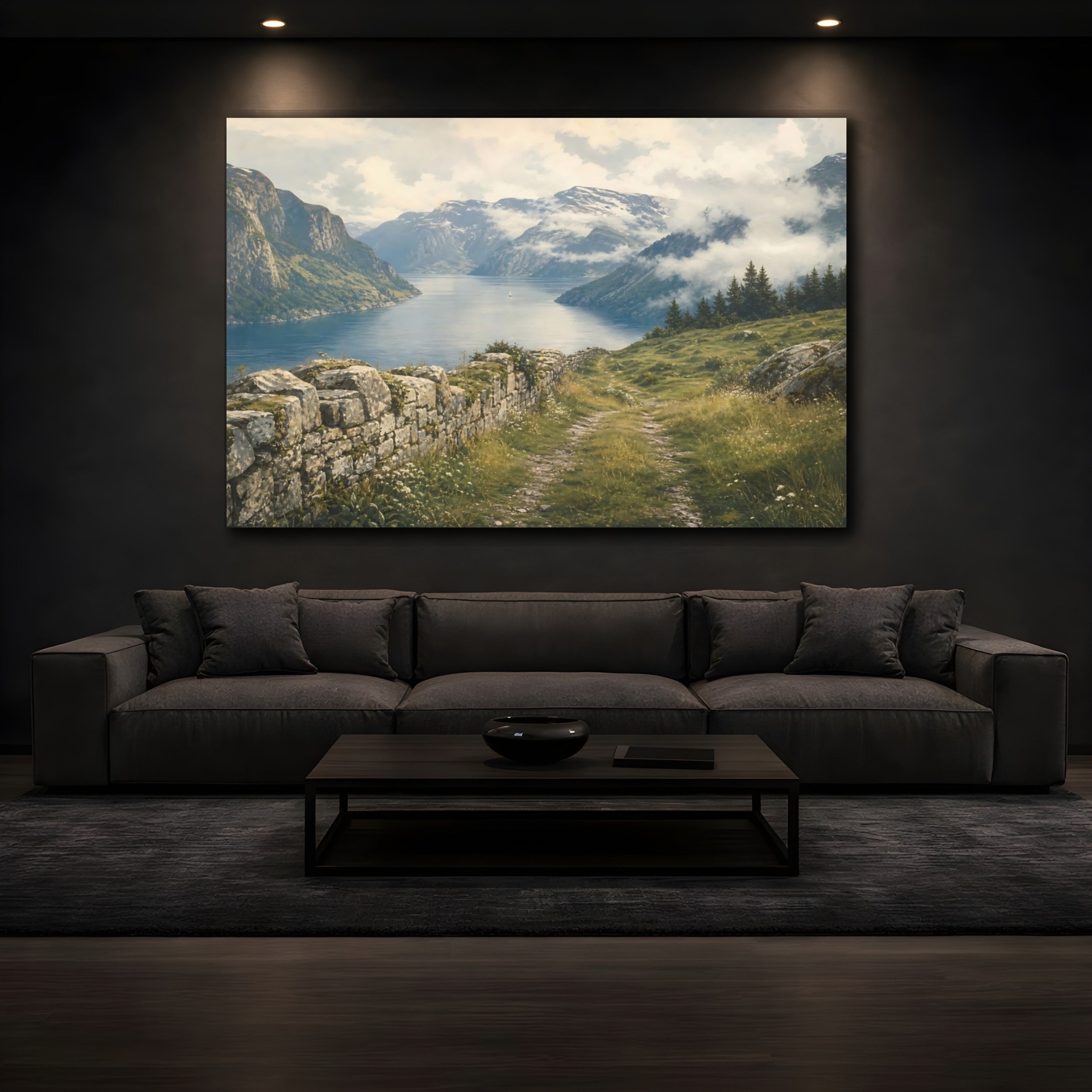 Mockup 3. Nature Fjord Landscape Fjord Mountain Vista shown as stretched canvas wall art
