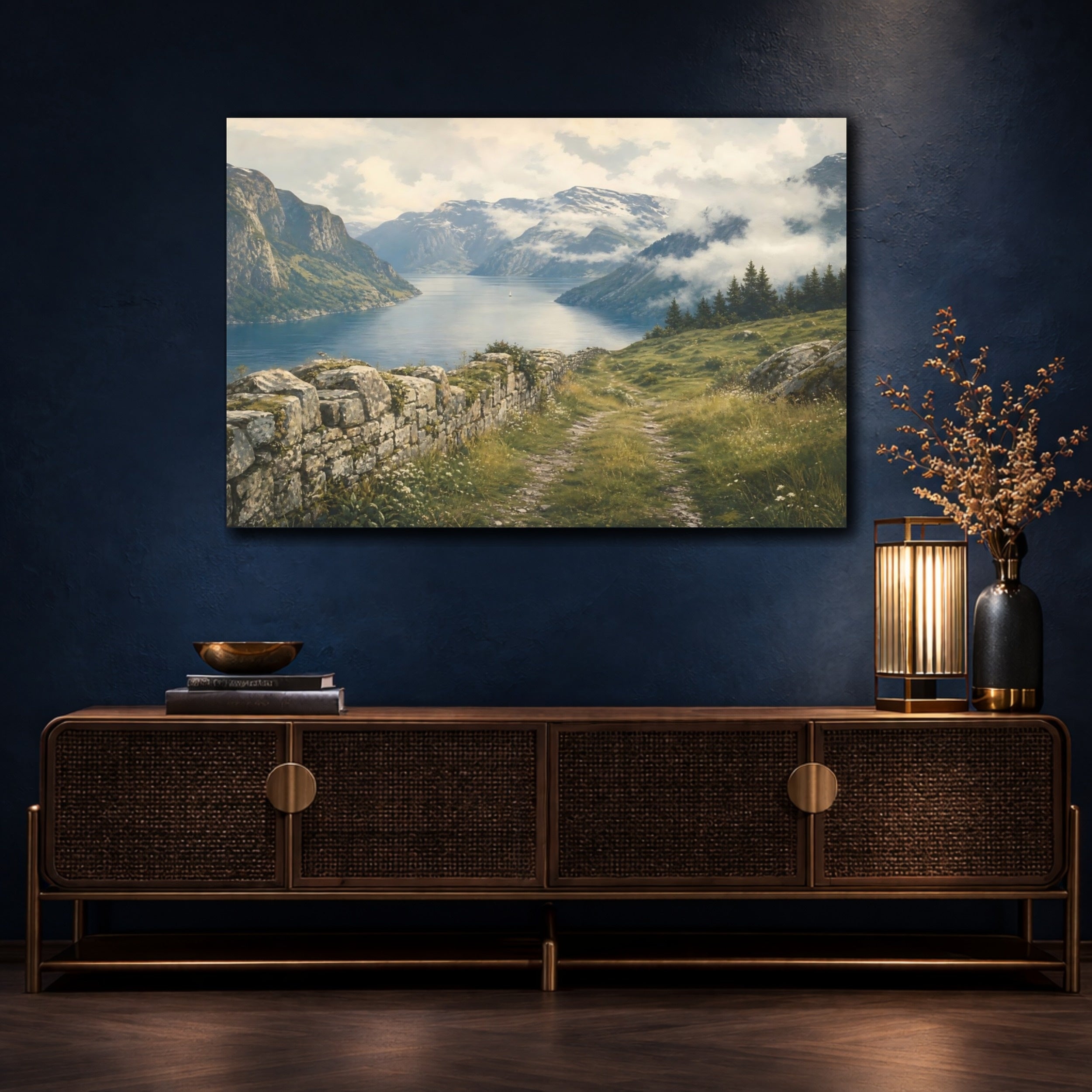 Mockup 4. Nature Fjord Landscape Fjord Mountain Vista shown as stretched canvas wall art