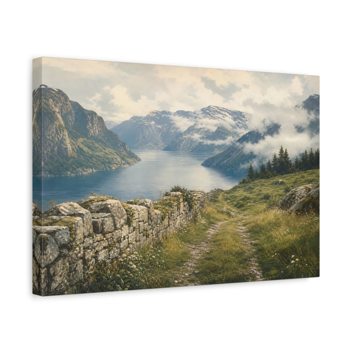Side Mockup 4. Nature Fjord Landscape Fjord Mountain Vista shown as stretched canvas wall art