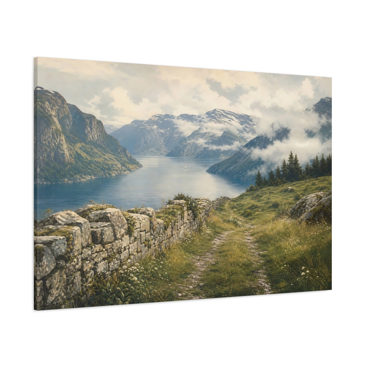 Side Mockup 1. Nature Fjord Landscape Fjord Mountain Vista shown as stretched canvas wall art