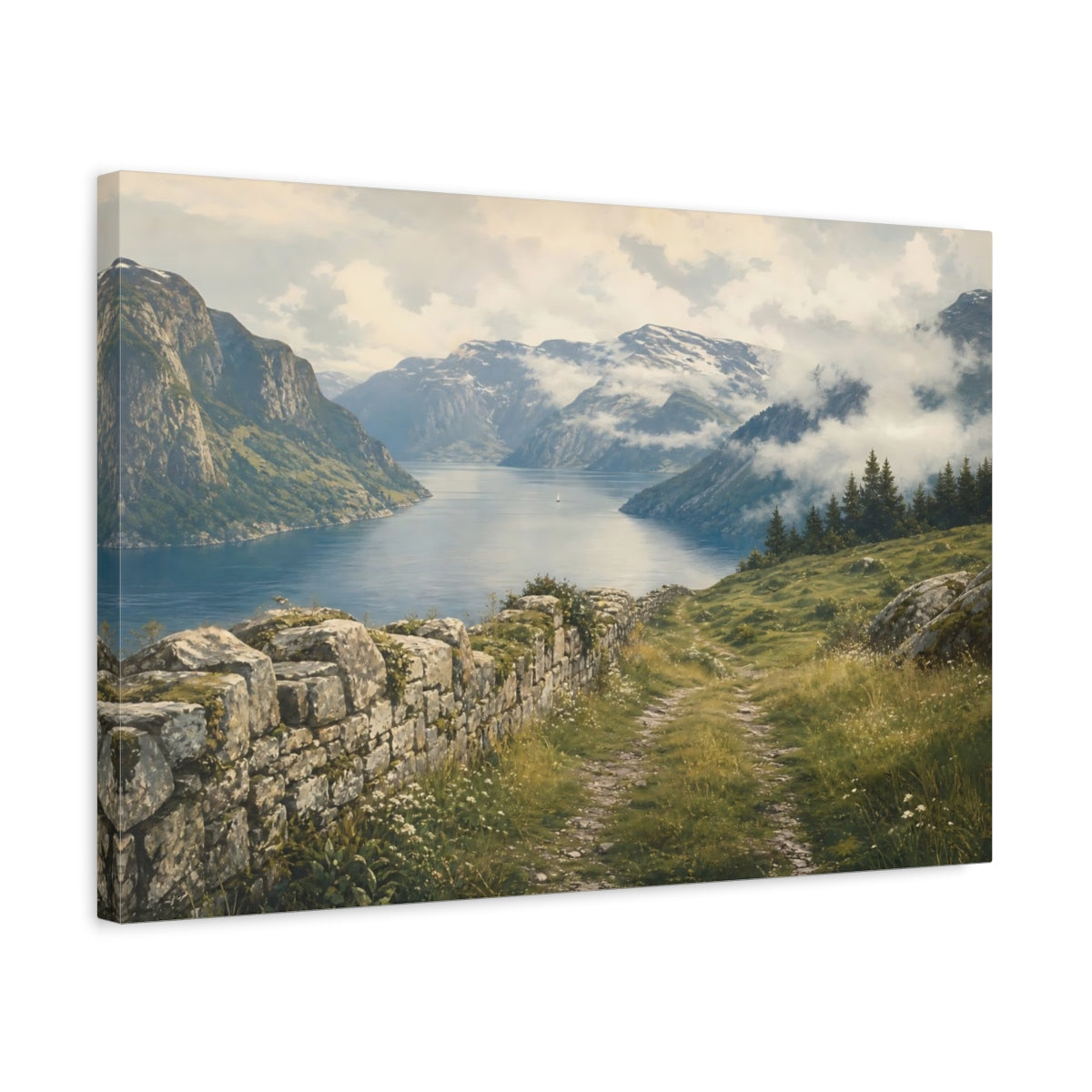 Side Mockup 3. Nature Fjord Landscape Fjord Mountain Vista shown as stretched canvas wall art