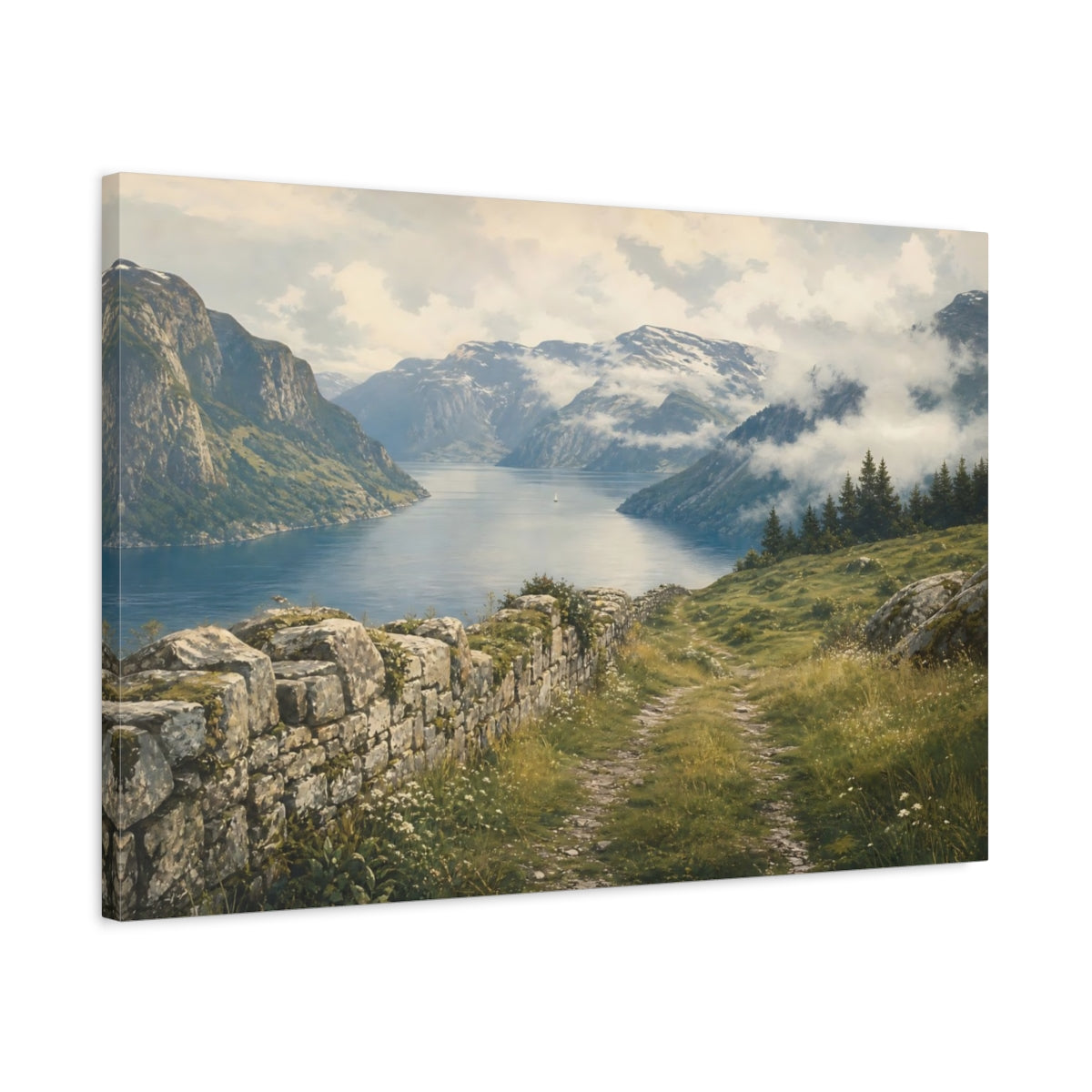 Side Mockup 2. Nature Fjord Landscape Fjord Mountain Vista shown as stretched canvas wall art
