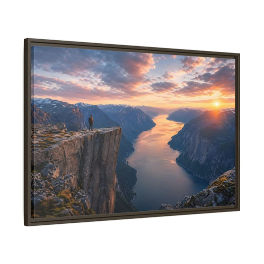 Main Mockup. Nature Fjord Landscape Orange And Blue Fjord shown as stretched canvas wall art