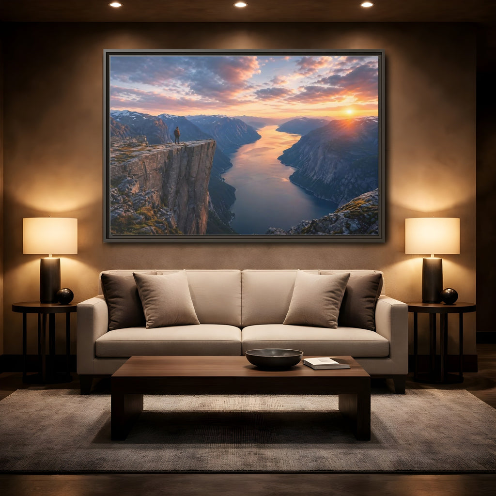 Mockup 2. Nature Fjord Landscape Orange And Blue Fjord shown as stretched canvas wall art