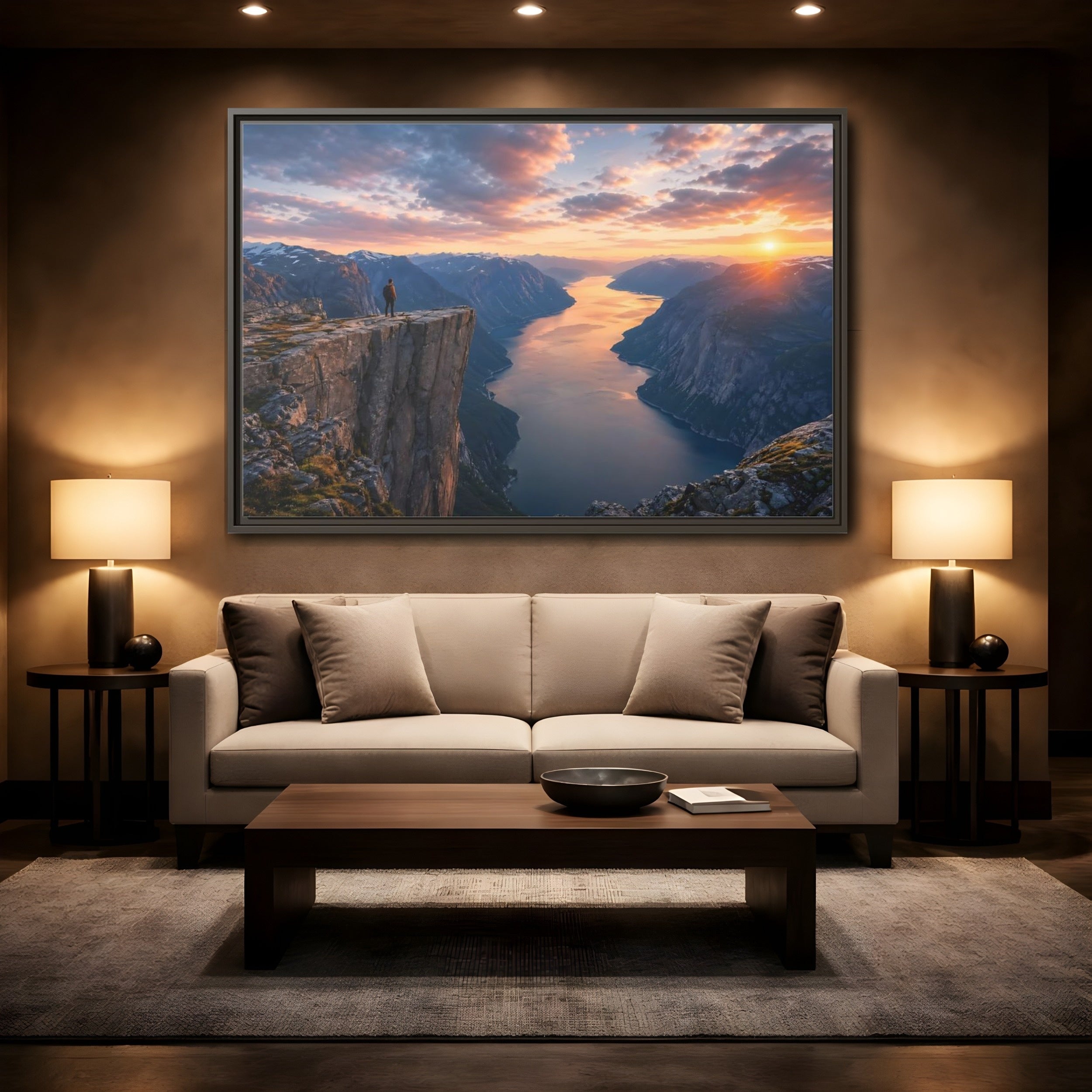 Mockup 2. Nature Fjord Landscape Orange And Blue Fjord shown as stretched canvas wall art