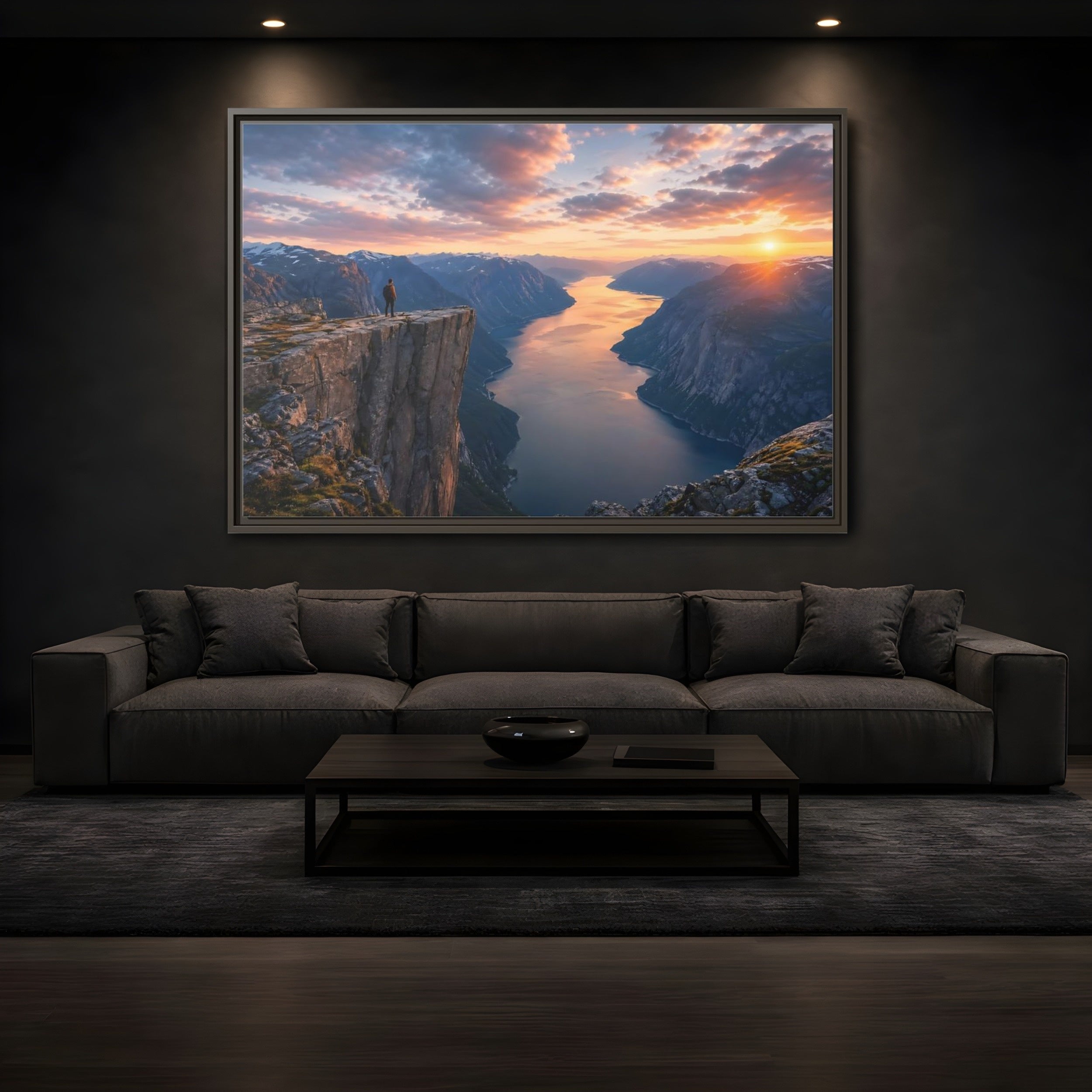 Mockup 3. Nature Fjord Landscape Orange And Blue Fjord shown as stretched canvas wall art
