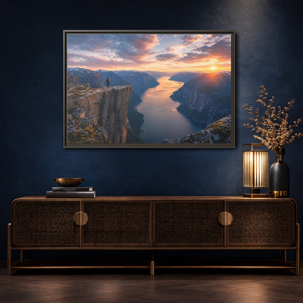 Mockup 4. Nature Fjord Landscape Orange And Blue Fjord shown as stretched canvas wall art