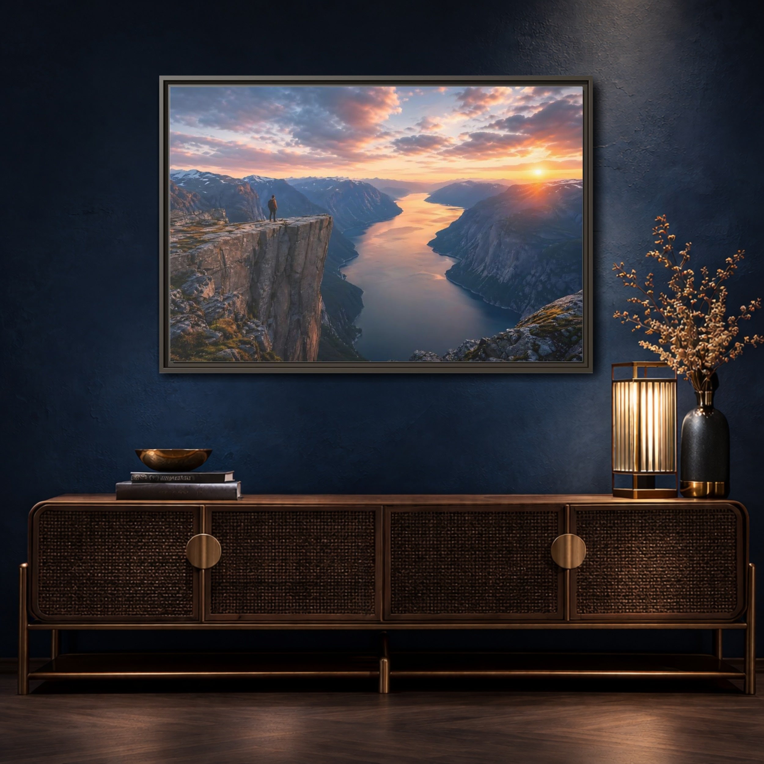 Mockup 4. Nature Fjord Landscape Orange And Blue Fjord shown as stretched canvas wall art