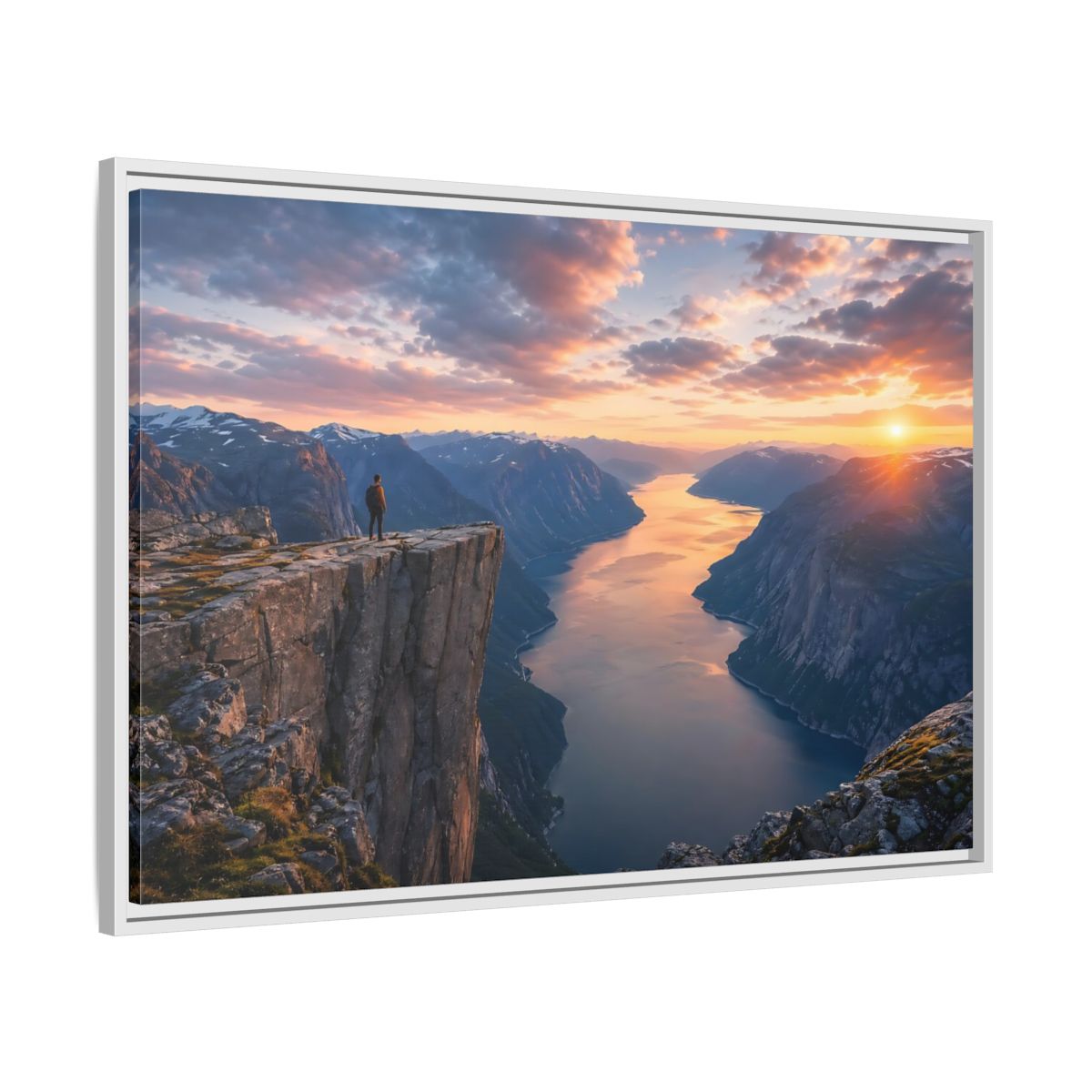 Side Mockup 9. Nature Fjord Landscape Orange And Blue Fjord shown as stretched canvas wall art