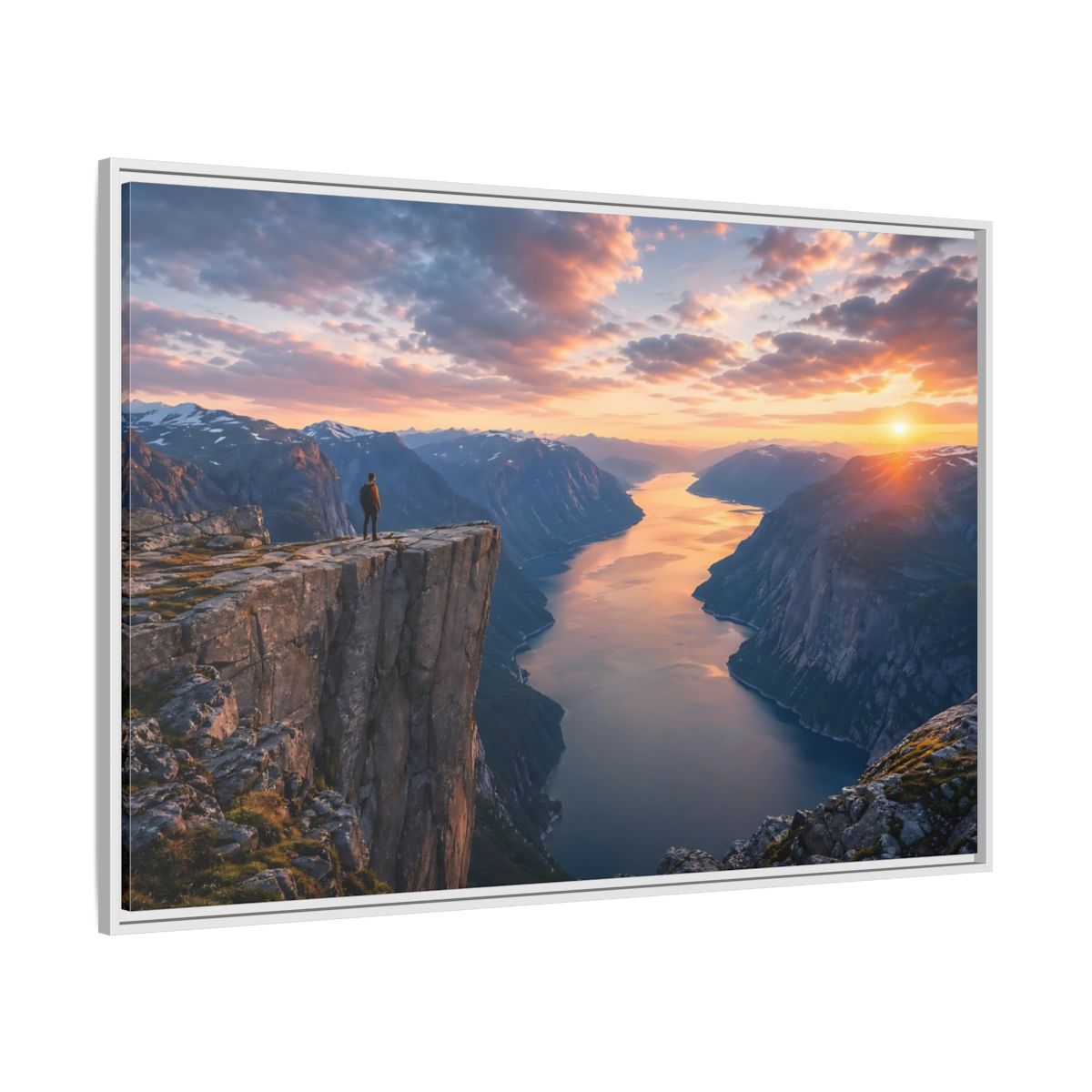 Side Mockup 7. Nature Fjord Landscape Orange And Blue Fjord shown as stretched canvas wall art