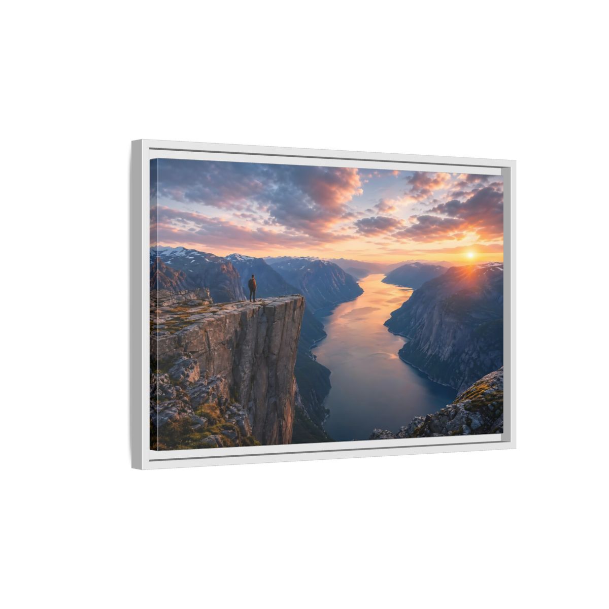 Side Mockup 1. Nature Fjord Landscape Orange And Blue Fjord shown as stretched canvas wall art