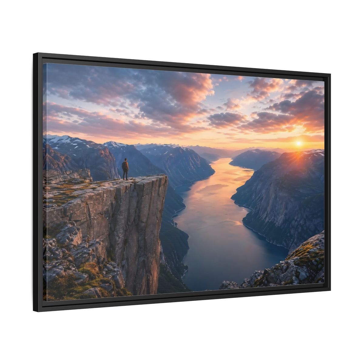 Side Mockup 13. Nature Fjord Landscape Orange And Blue Fjord shown as stretched canvas wall art