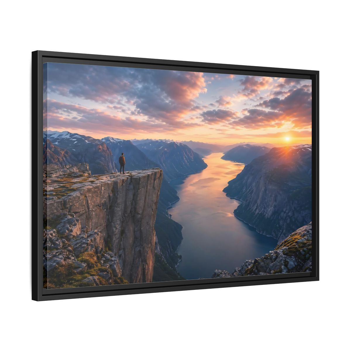 Side Mockup 14. Nature Fjord Landscape Orange And Blue Fjord shown as stretched canvas wall art