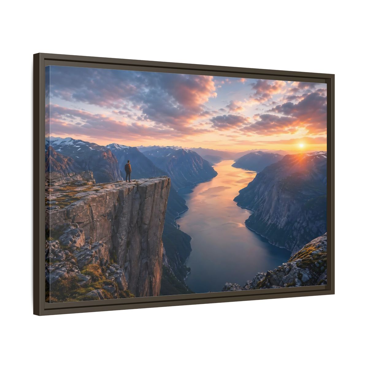Side Mockup 11. Nature Fjord Landscape Orange And Blue Fjord shown as stretched canvas wall art