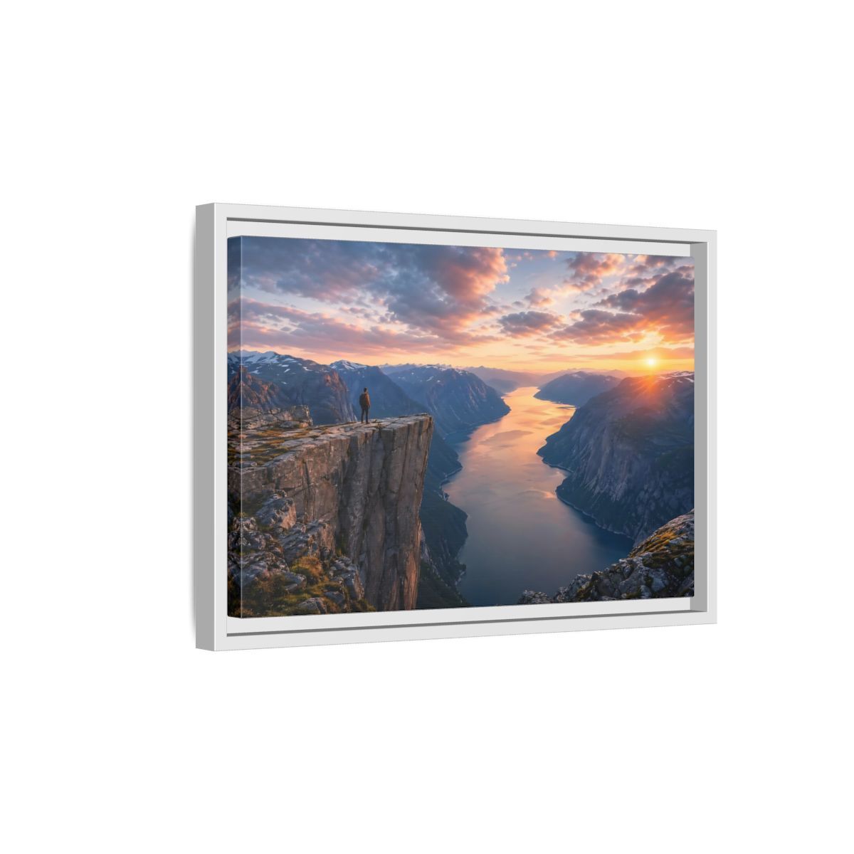 Side Mockup 4. Nature Fjord Landscape Orange And Blue Fjord shown as stretched canvas wall art
