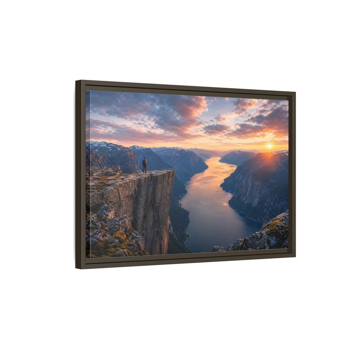 Side Mockup 2. Nature Fjord Landscape Orange And Blue Fjord shown as stretched canvas wall art