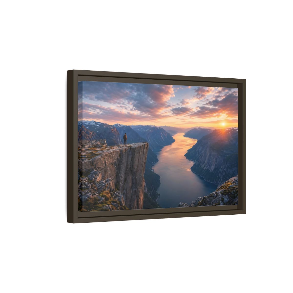Side Mockup 5. Nature Fjord Landscape Orange And Blue Fjord shown as stretched canvas wall art