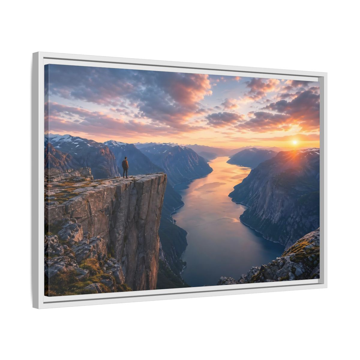 Side Mockup 10. Nature Fjord Landscape Orange And Blue Fjord shown as stretched canvas wall art