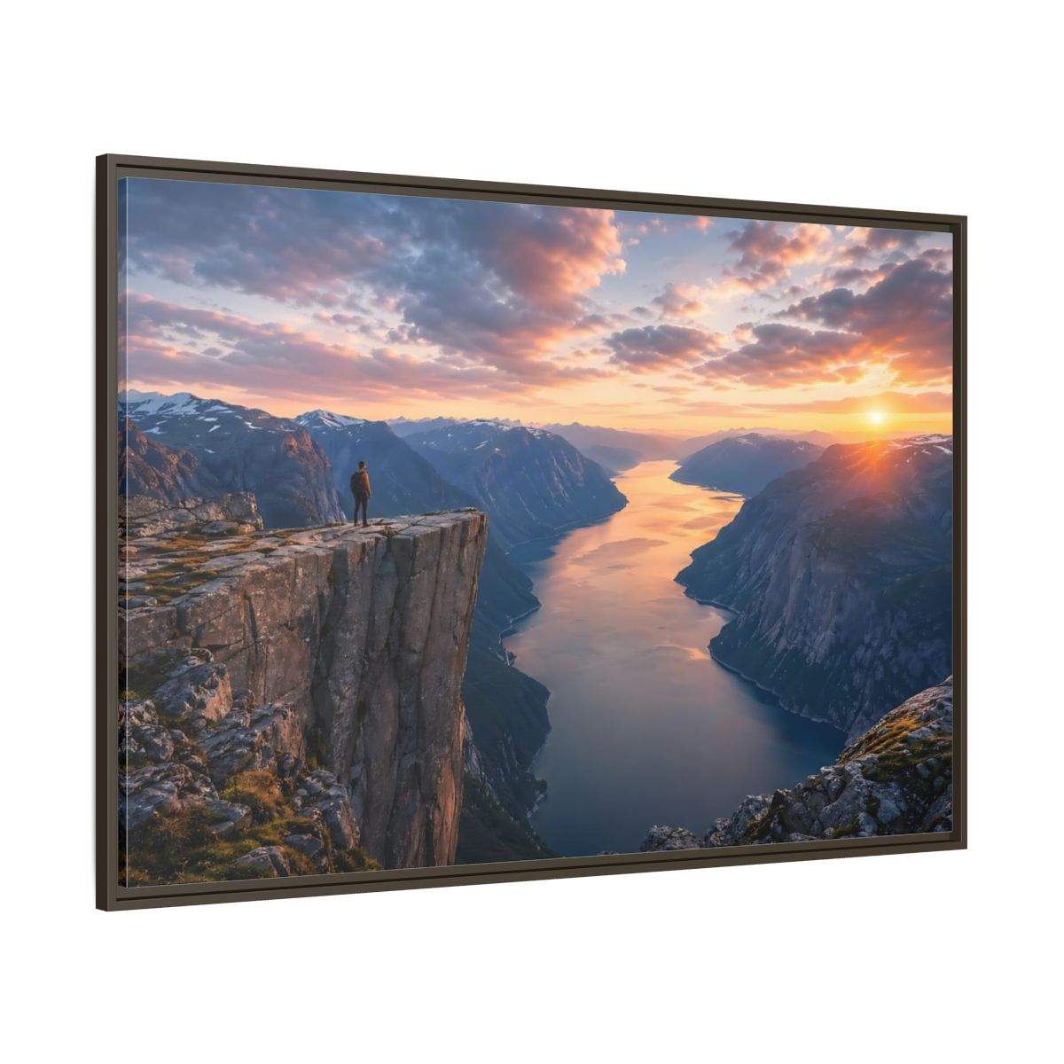 Side Mockup 8. Nature Fjord Landscape Orange And Blue Fjord shown as stretched canvas wall art