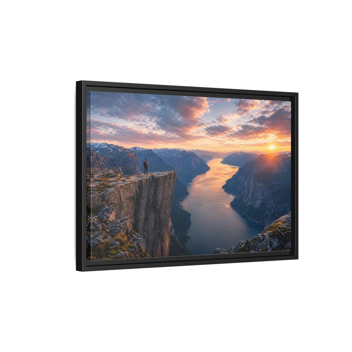 Side Mockup 3. Nature Fjord Landscape Orange And Blue Fjord shown as stretched canvas wall art